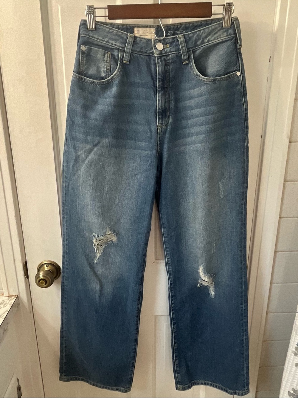 Pilcro and the Letterpress high-rise distressed wide-leg jeans. Women’s 27